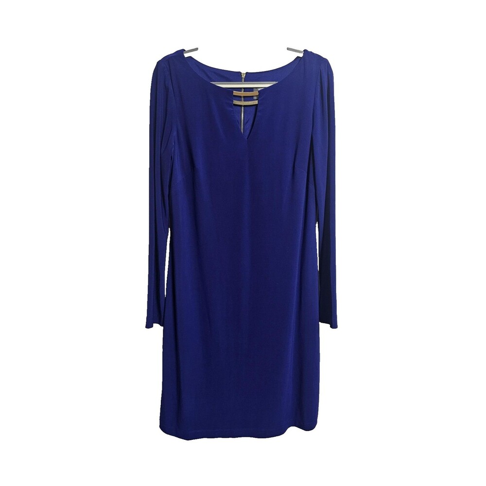 Vince Camuto Dress Womens 6 Royal Blue Stretch Zip Back Shift V-Neck Knee Length